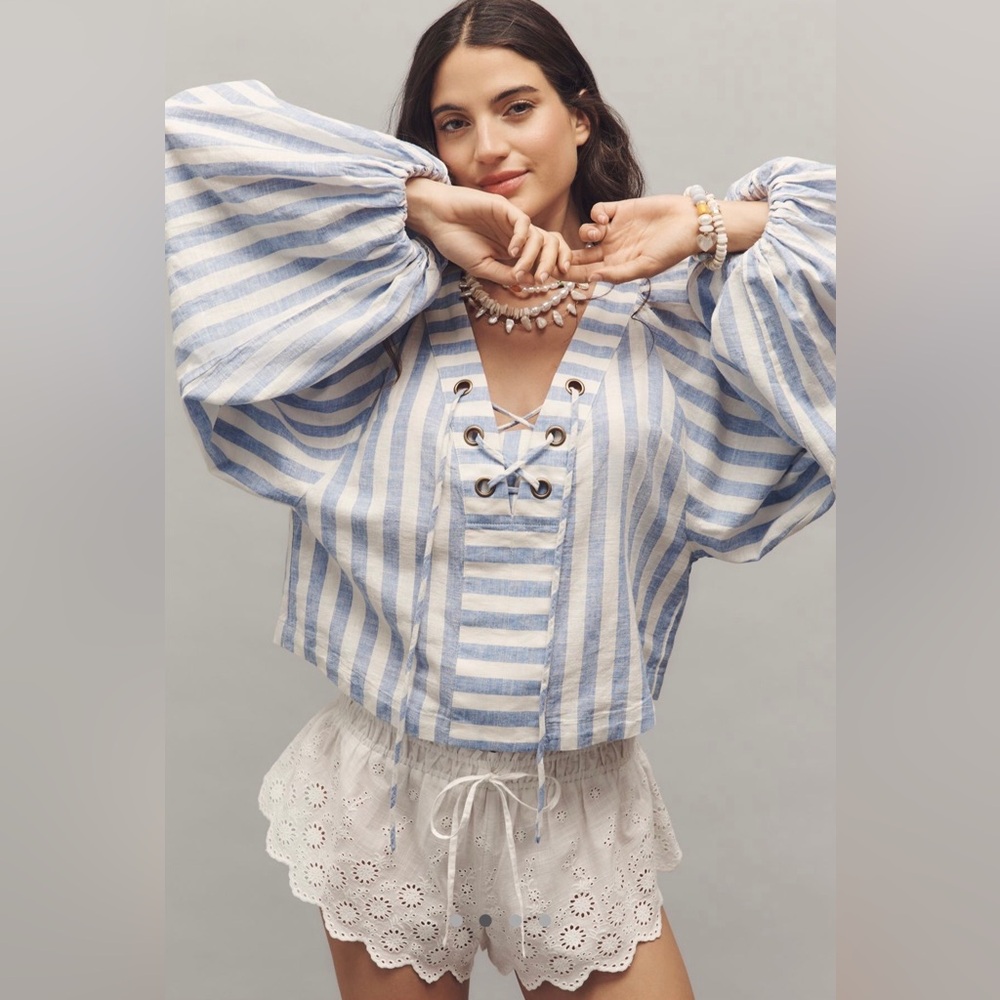 By Anthropologie linen Dolman lace up blouse